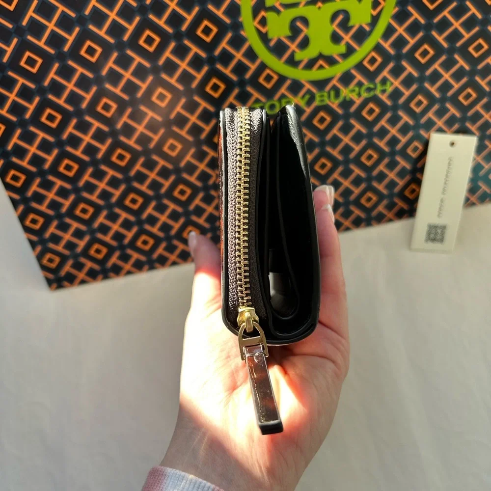 Tory Burch Emerson Tortoise Patent Mini Wallet Gold Brown Tan Neutral